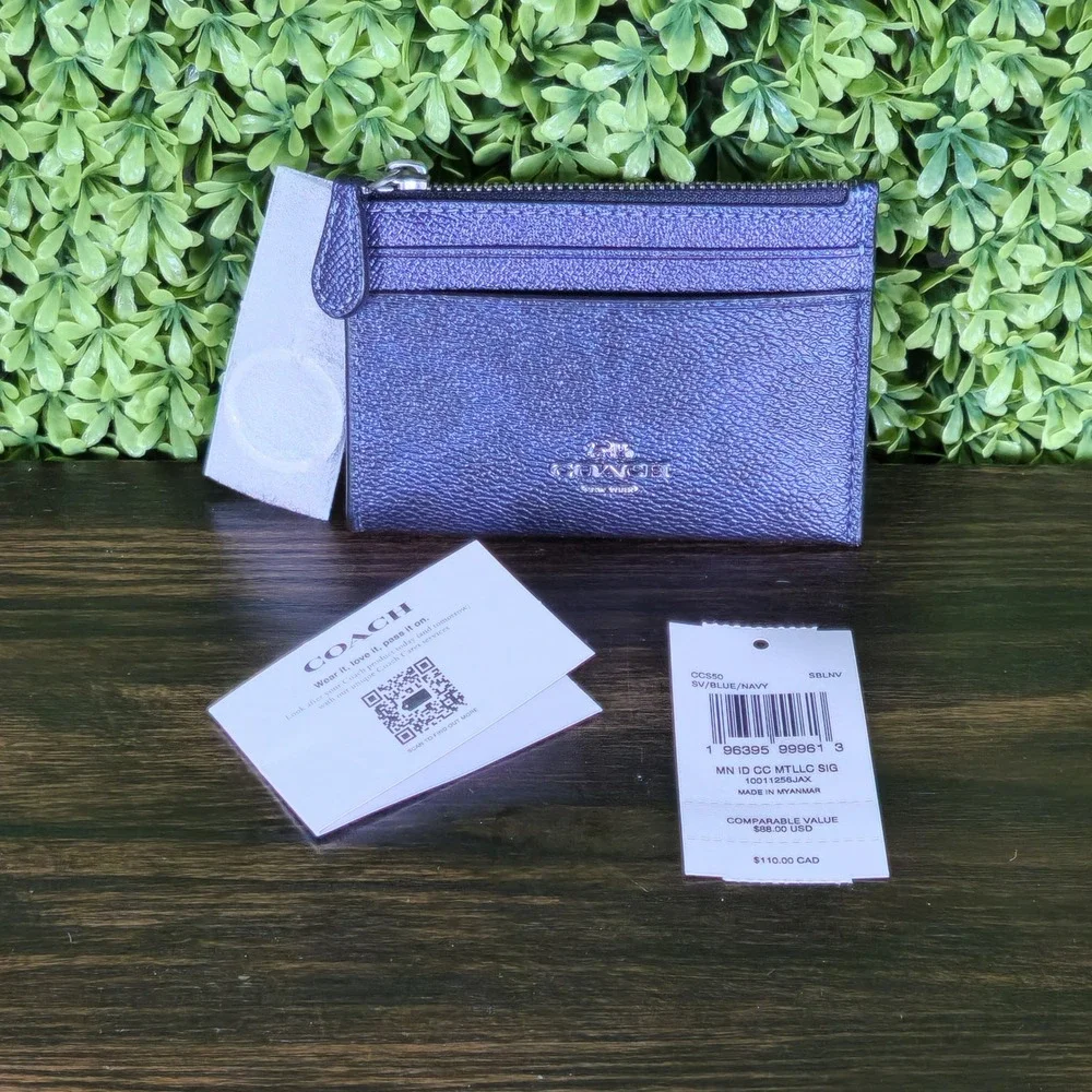 Coach CC550 Mini ID Case Card Holder Metallic Navy Blue Leather Zip Wallet NEW - Picture 2 of 7